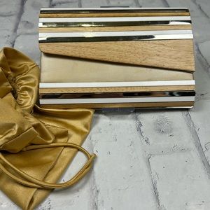 BCBGMAXAZRIA Box Clutch Purse Wood Metal Satin Envelope Flap Closure